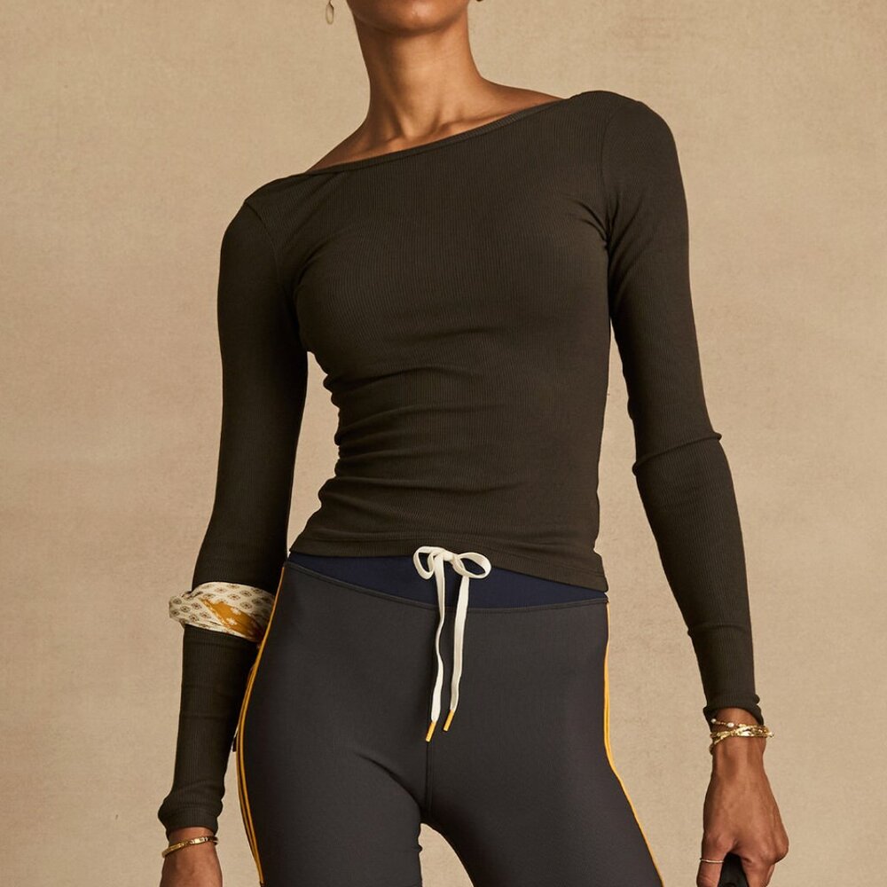 The Upside TYRA SCOOPBACK LONG SLEEVE TOP, licorice olive green, size M NWT